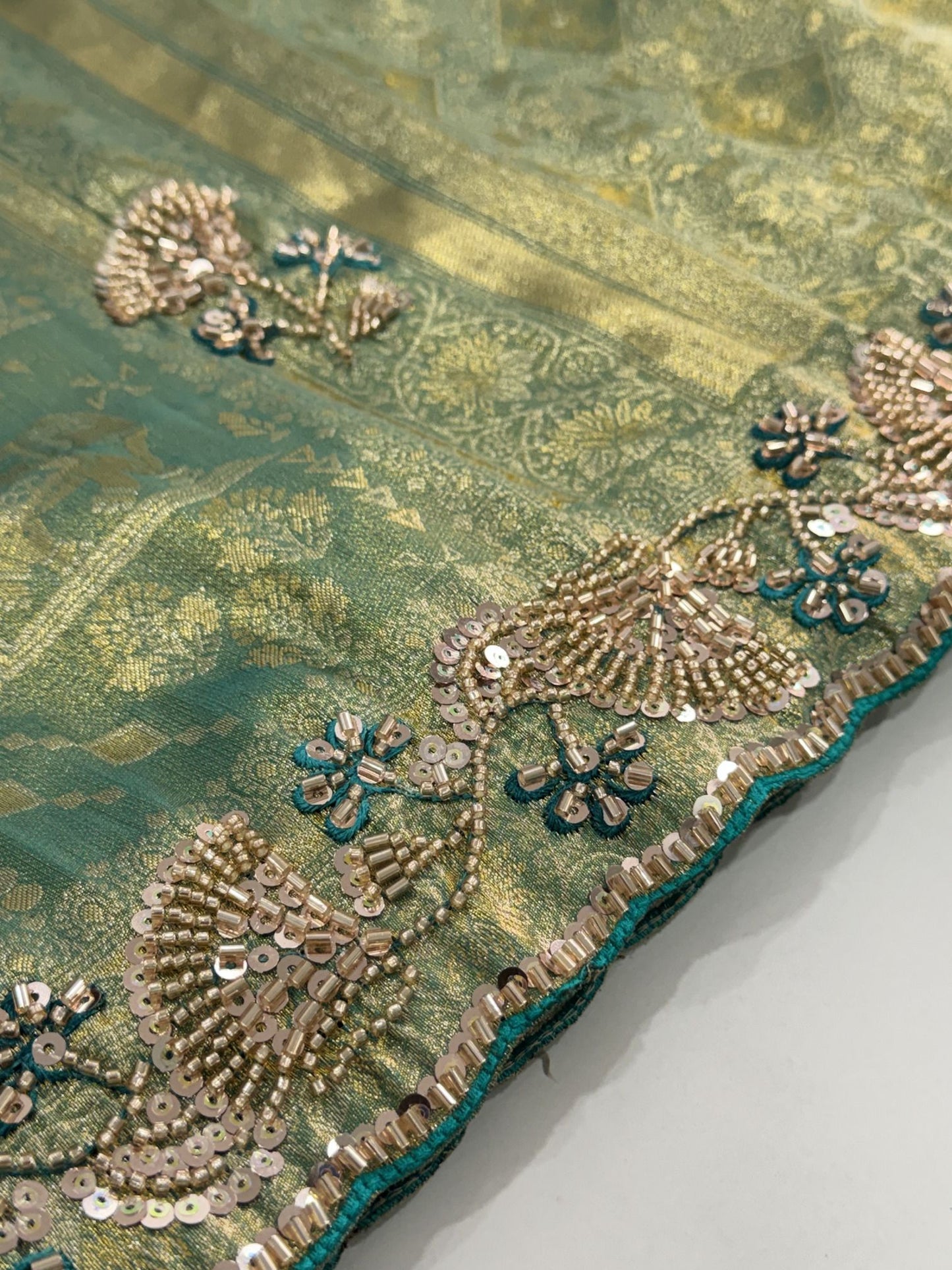 Sea Green Banarasi Silk Saree with Woven Hand Work - Back View