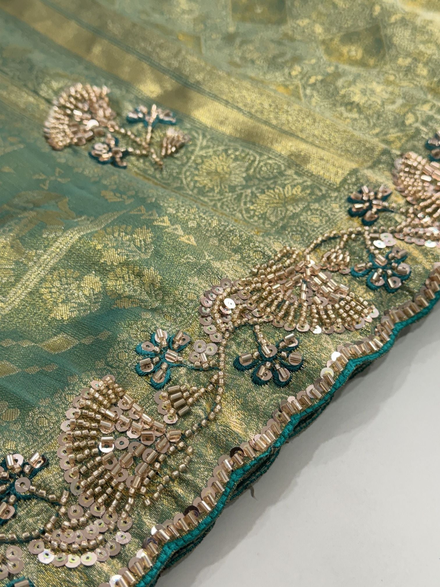 Sea Green Banarasi Silk Saree with Woven Hand Work - Back View