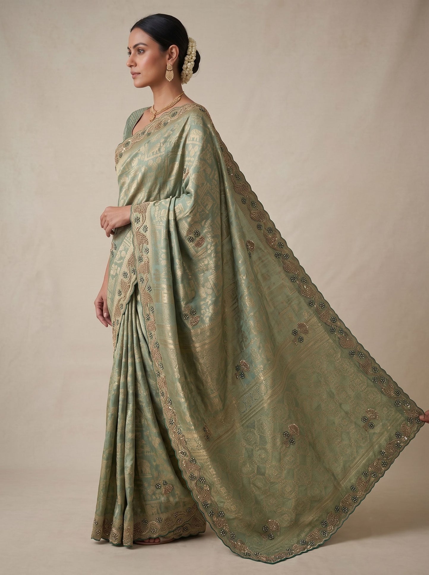Sea Green Banarasi Silk Saree with Woven Hand Work - Detail View