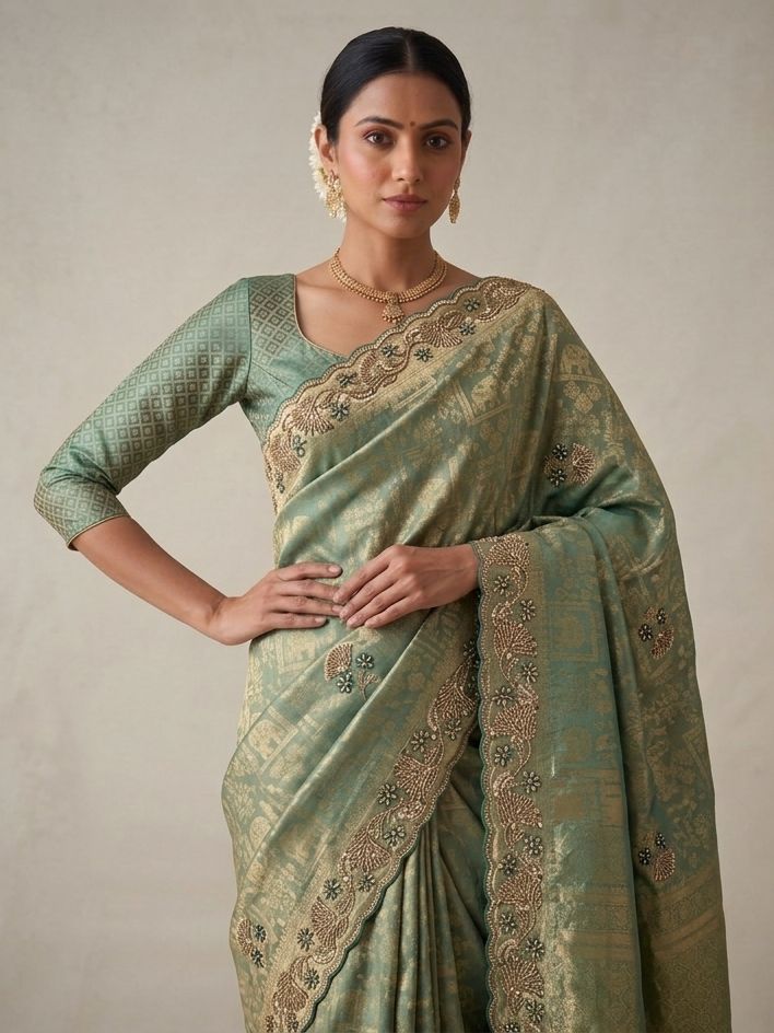 Sea Green Banarasi Silk Saree with Woven Hand Work - Front View
