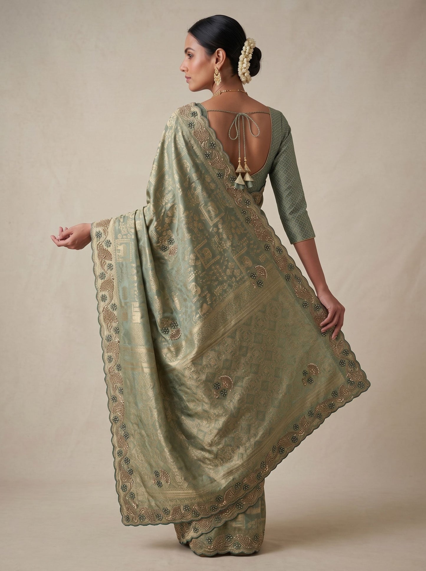 Sea Green Banarasi Silk Saree with Woven Hand Work - Close-up Embroidery