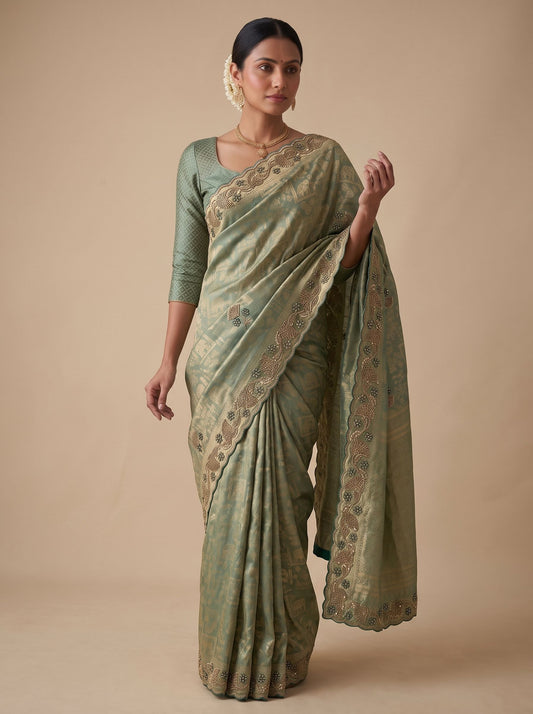 Sea Green Banarasi Silk Saree with Woven Hand Work - Side View