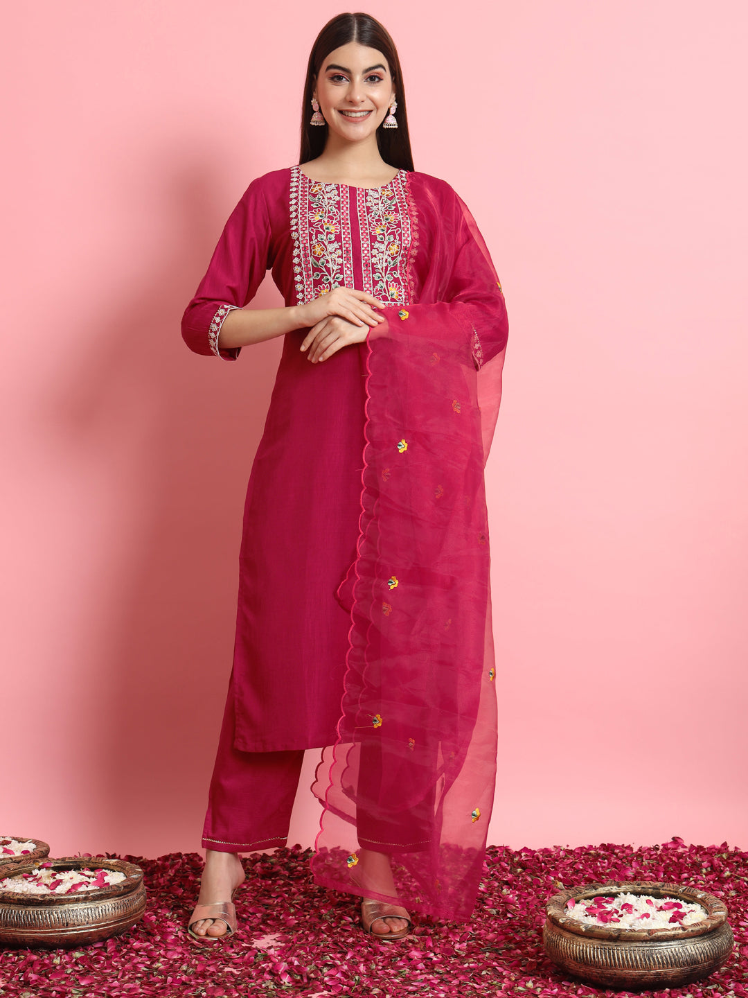 Pink Silk Blend Embroidery Work Kurta Set