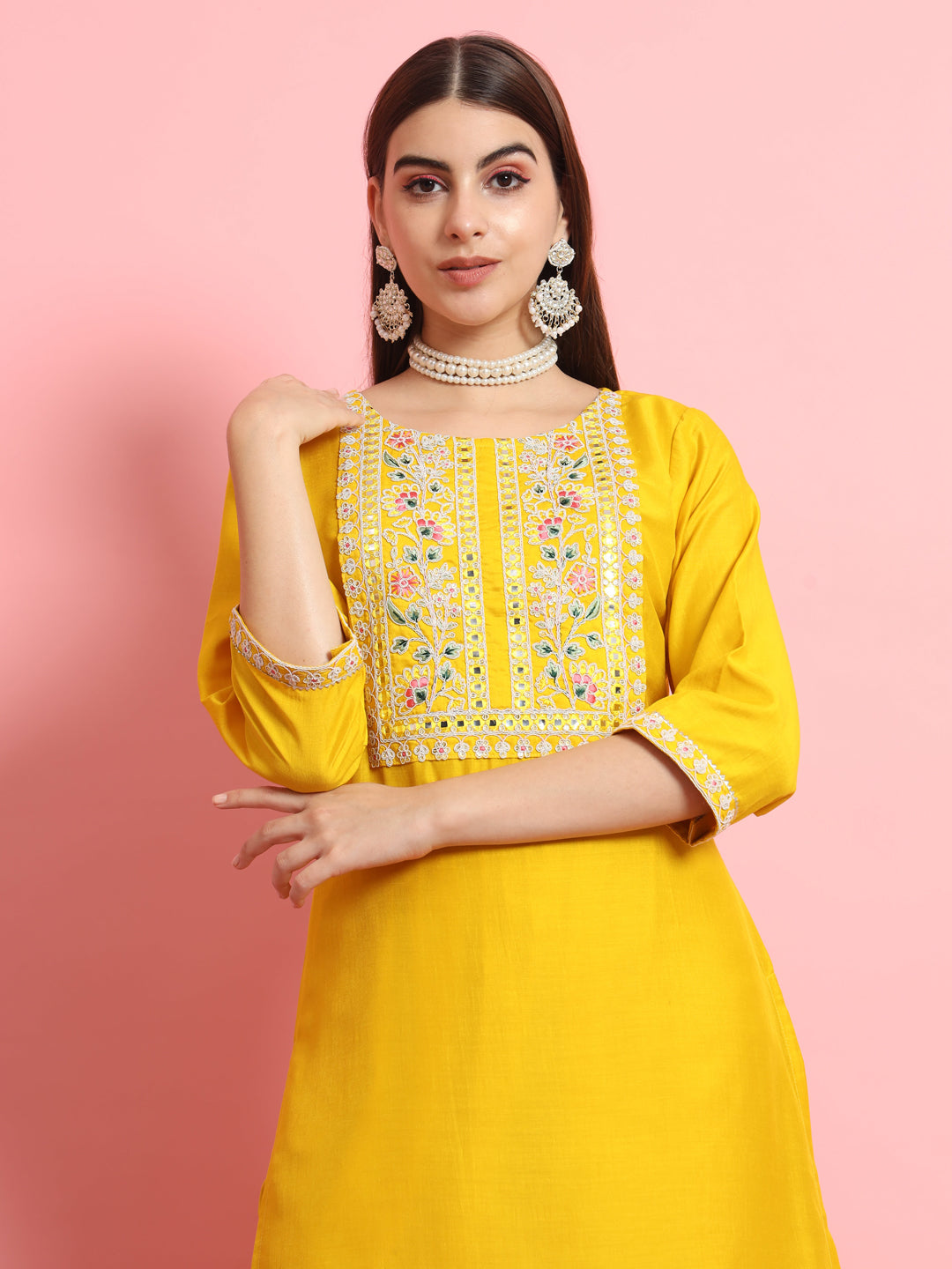 Yellow Silk Blend Embroidery Work Kurta Set