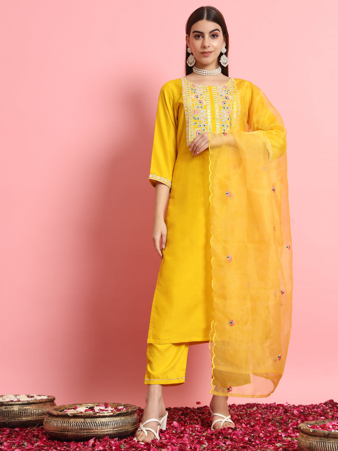 Yellow Silk Blend Embroidery Work Kurta Set