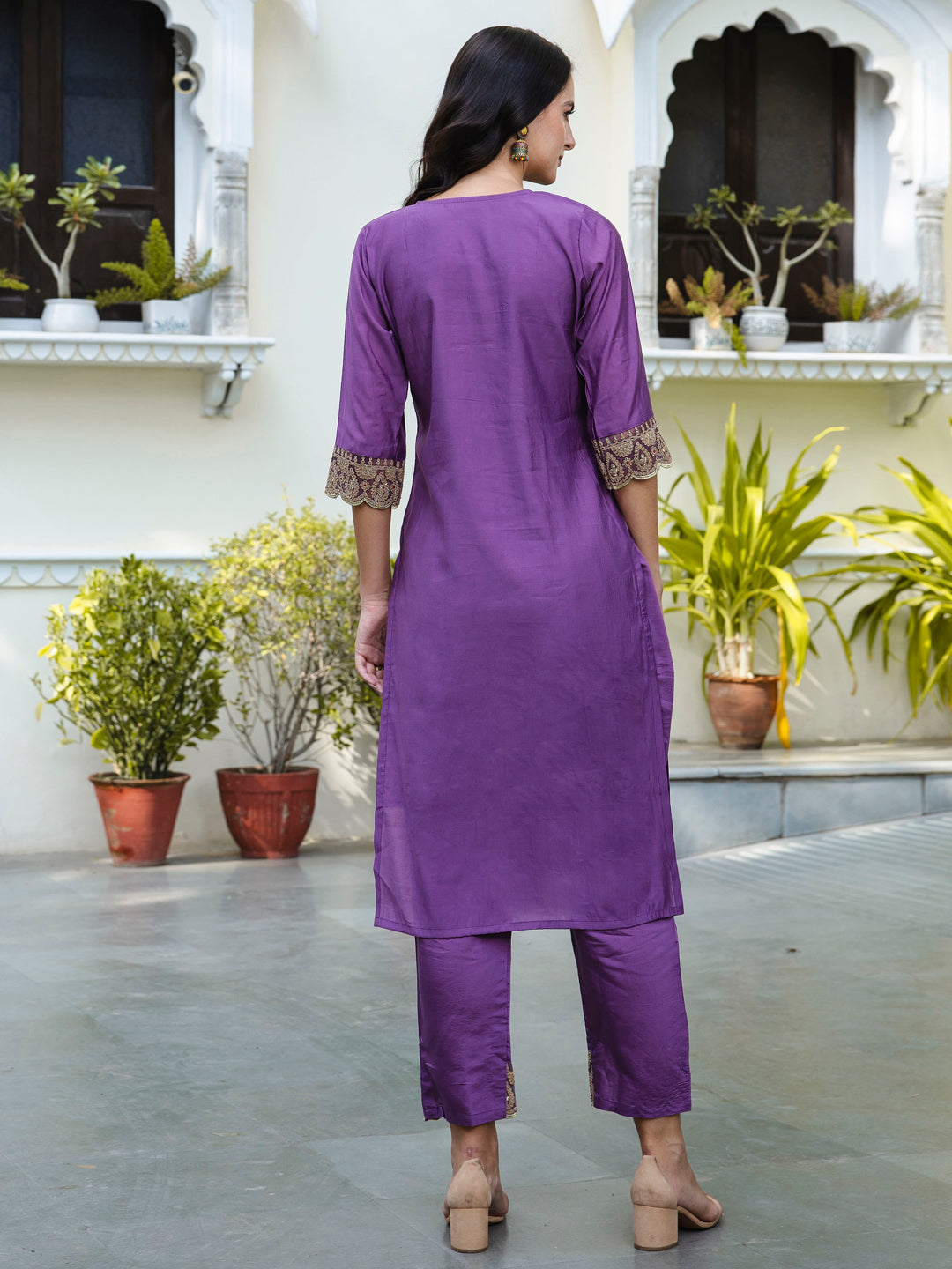 Purple Silk Blend Embroidery Work Kurta Set