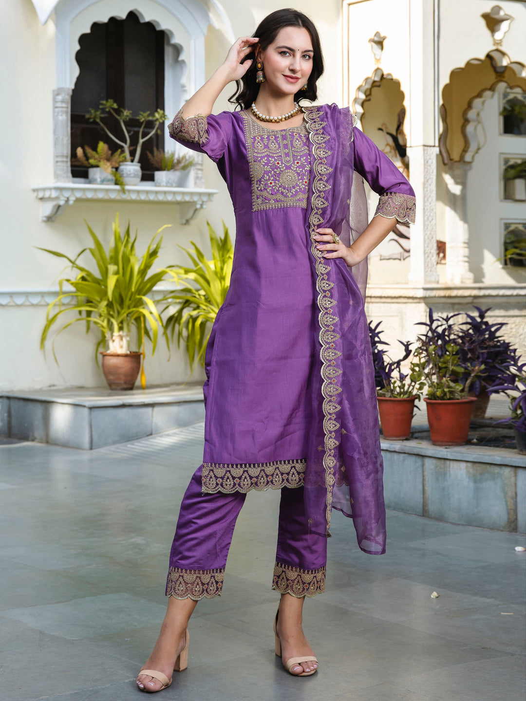 Purple Silk Blend Embroidery Work Kurta Set