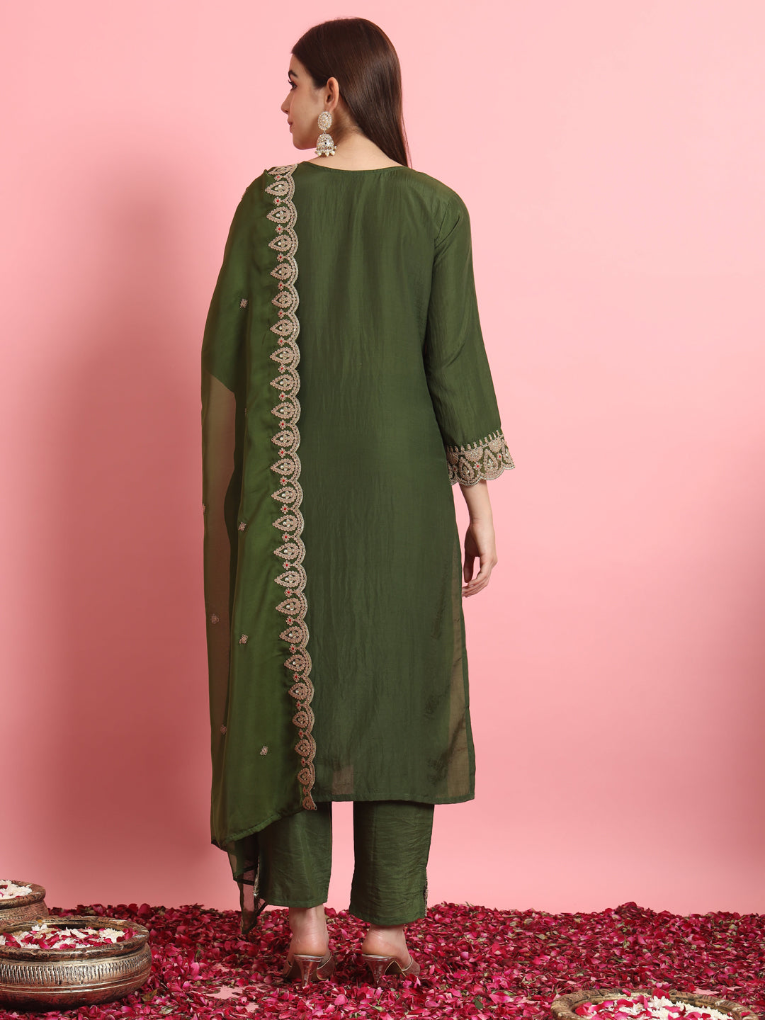 Green Silk Blend Embroidery Work Kurta Set