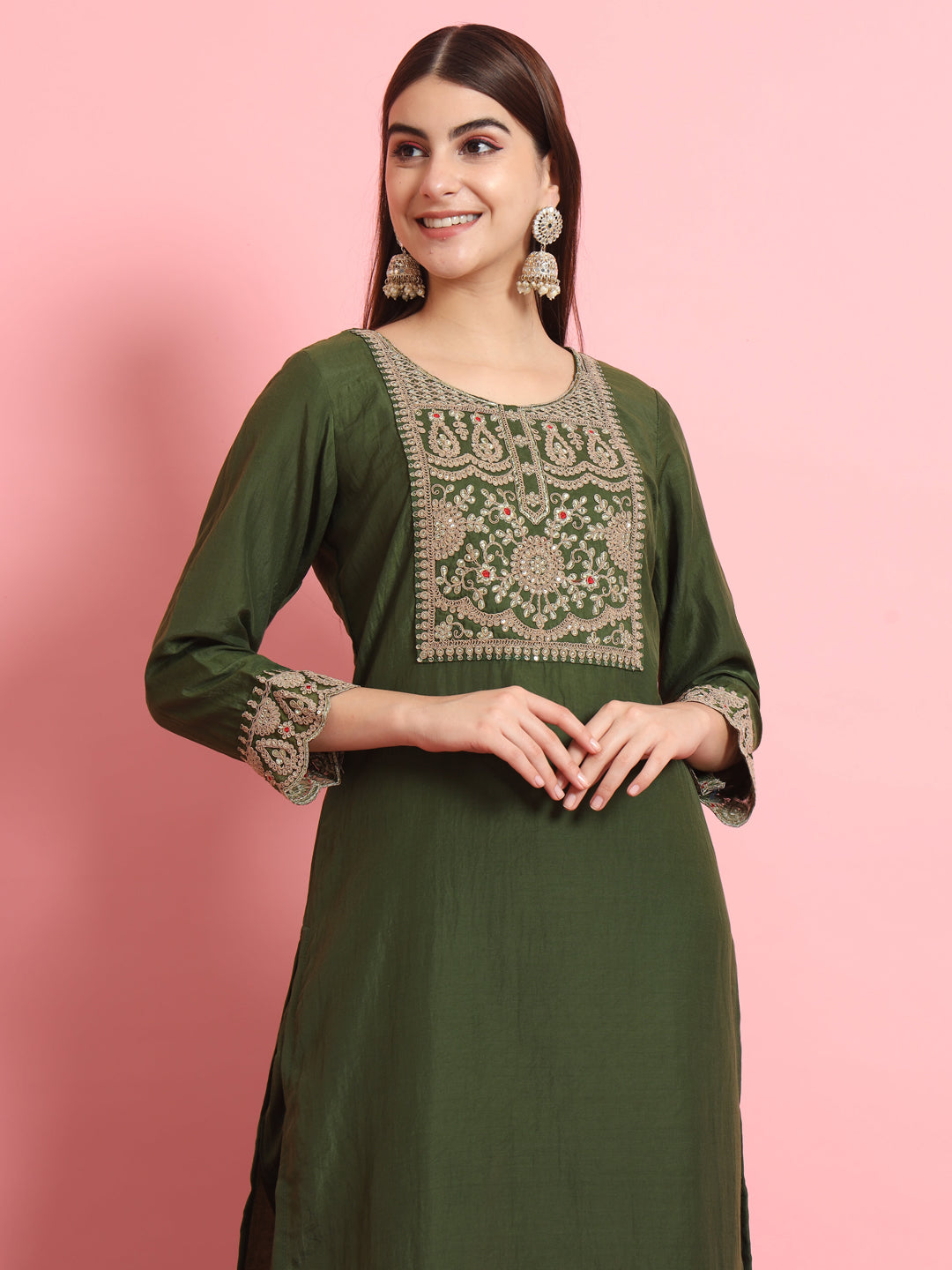 Green Silk Blend Embroidery Work Kurta Set