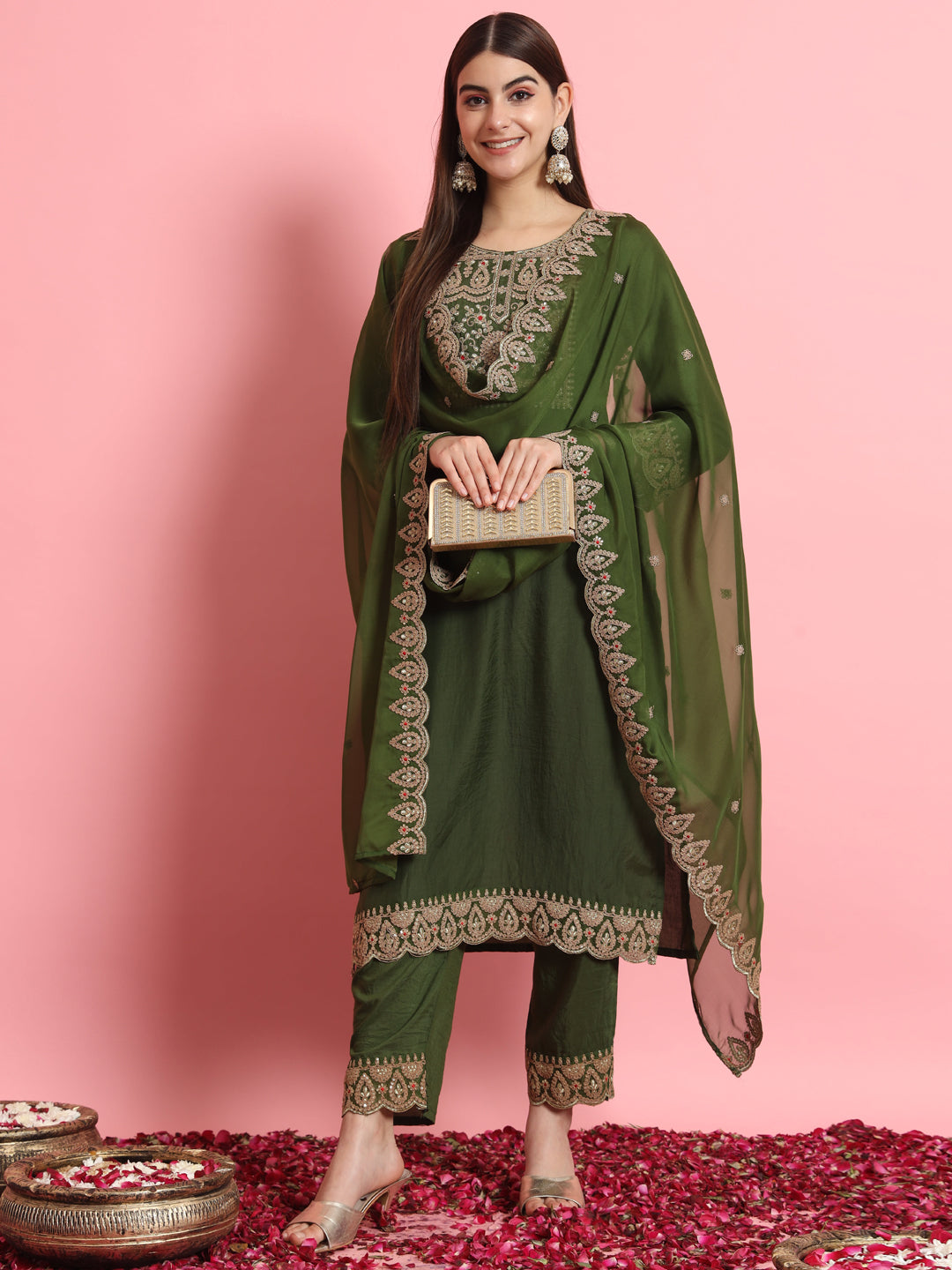 Green Silk Blend Embroidery Work Kurta Set