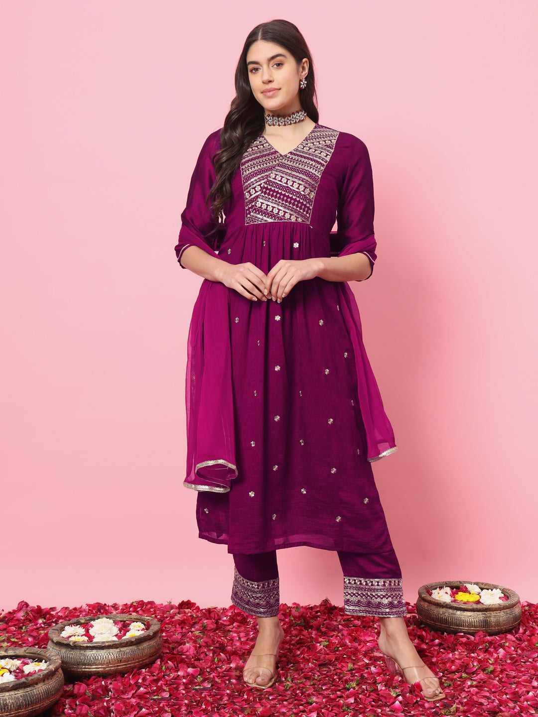 Purple Silk Blend Embroidery Work Anarkali Kurta Set