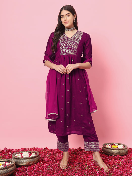 Purple Silk Blend Embroidery Work Anarkali Kurta Set