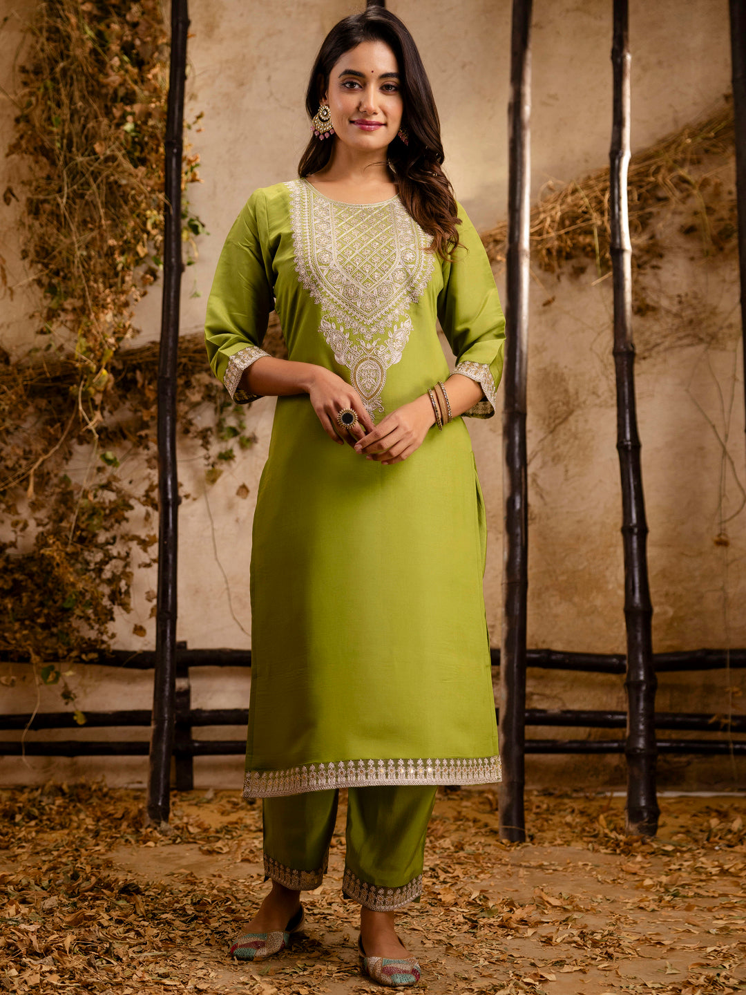 Pista Silk Embroidery Work Kurta Set