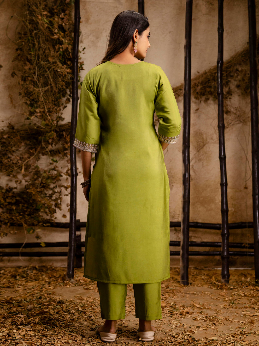 Pista Silk Embroidery Work Kurta Set