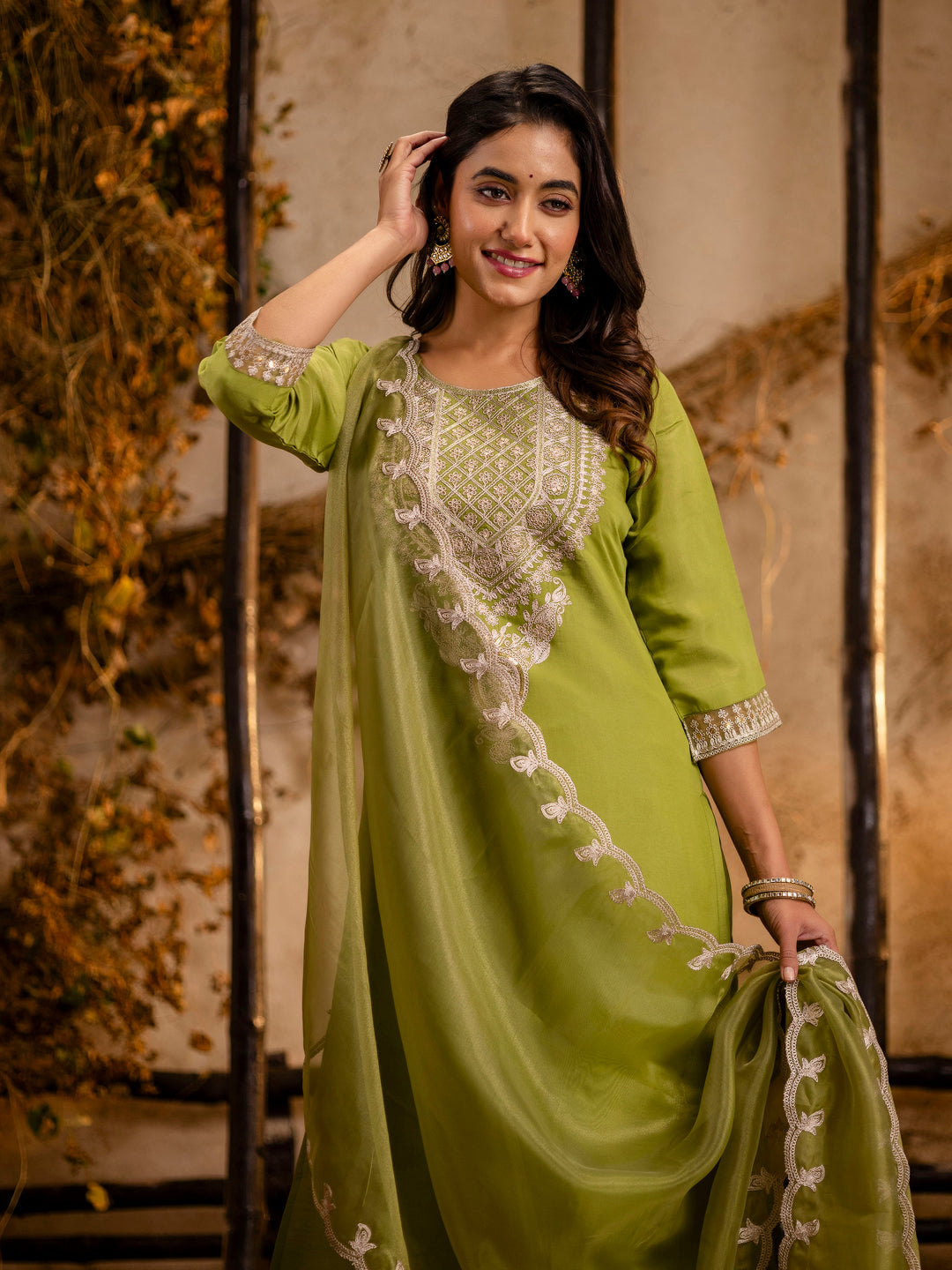 Pista Silk Embroidery Work Kurta Set