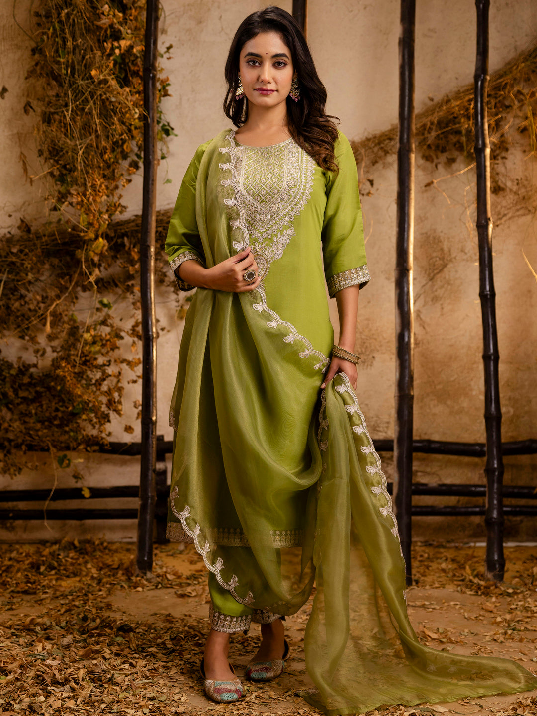 Pista Silk Embroidery Work Kurta Set