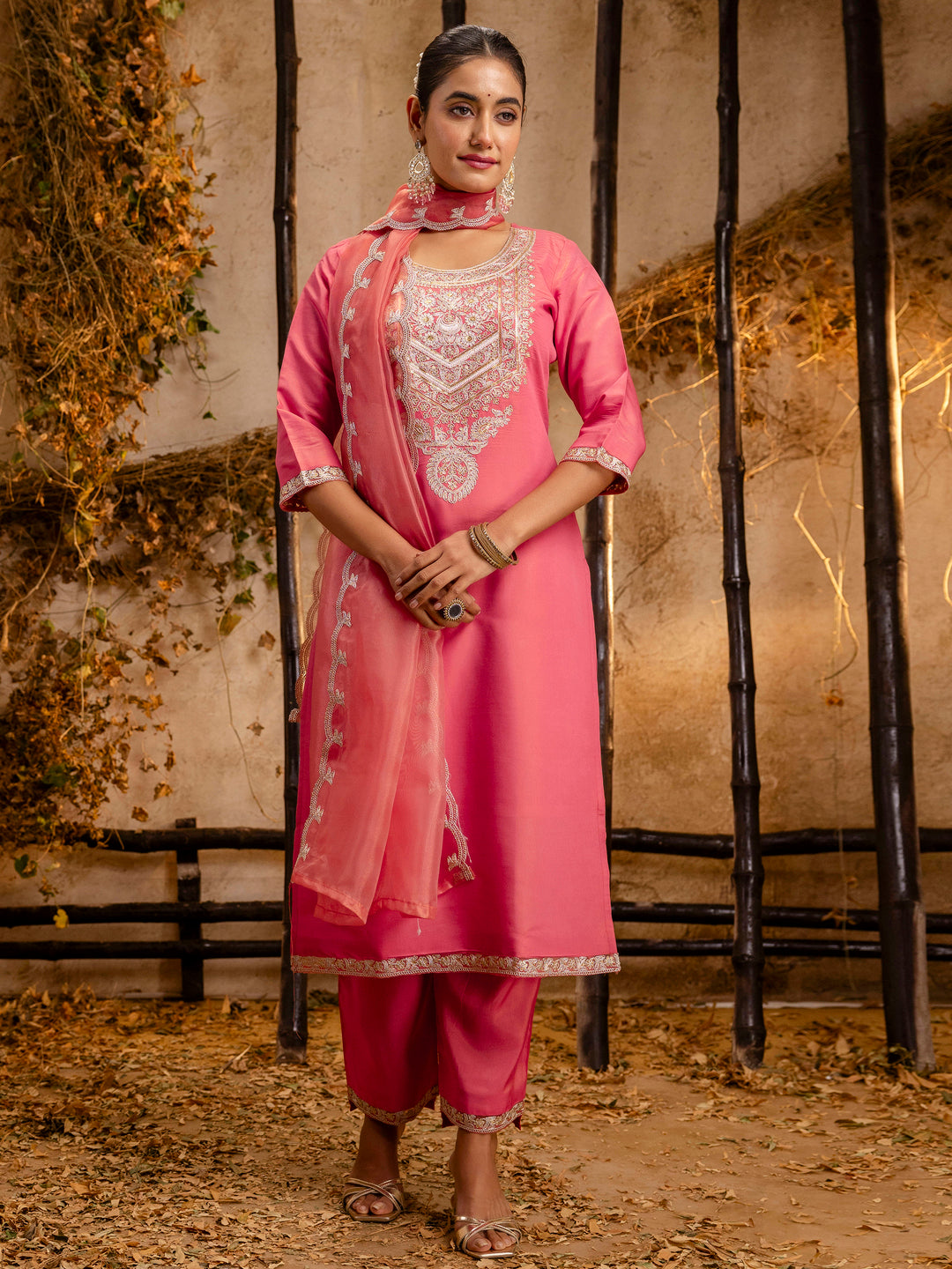 Peach Silk Embroidery Work Kurta Set