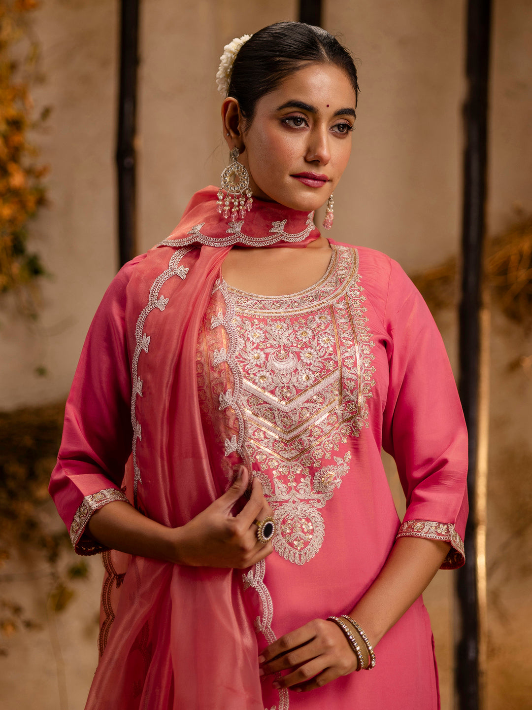 Peach Silk Embroidery Work Kurta Set