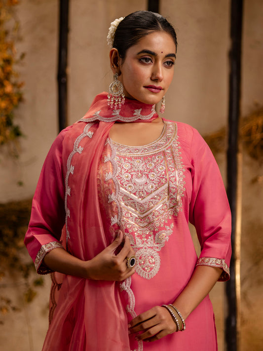 Peach Silk Embroidery Work Kurta Set
