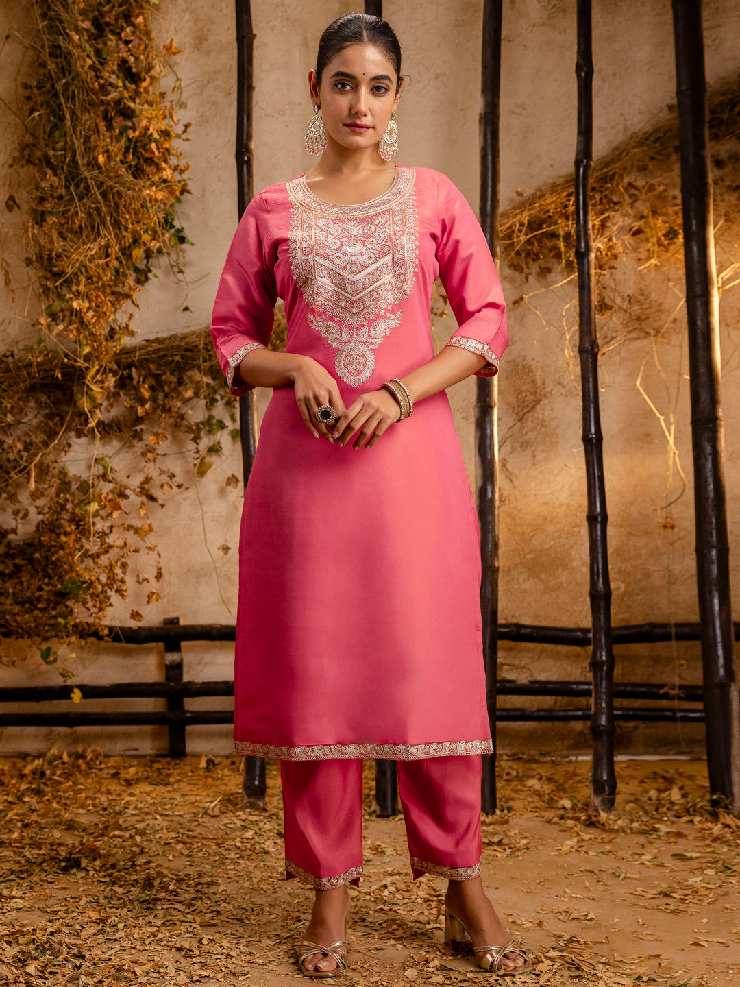 Peach Silk Embroidery Work Kurta Set