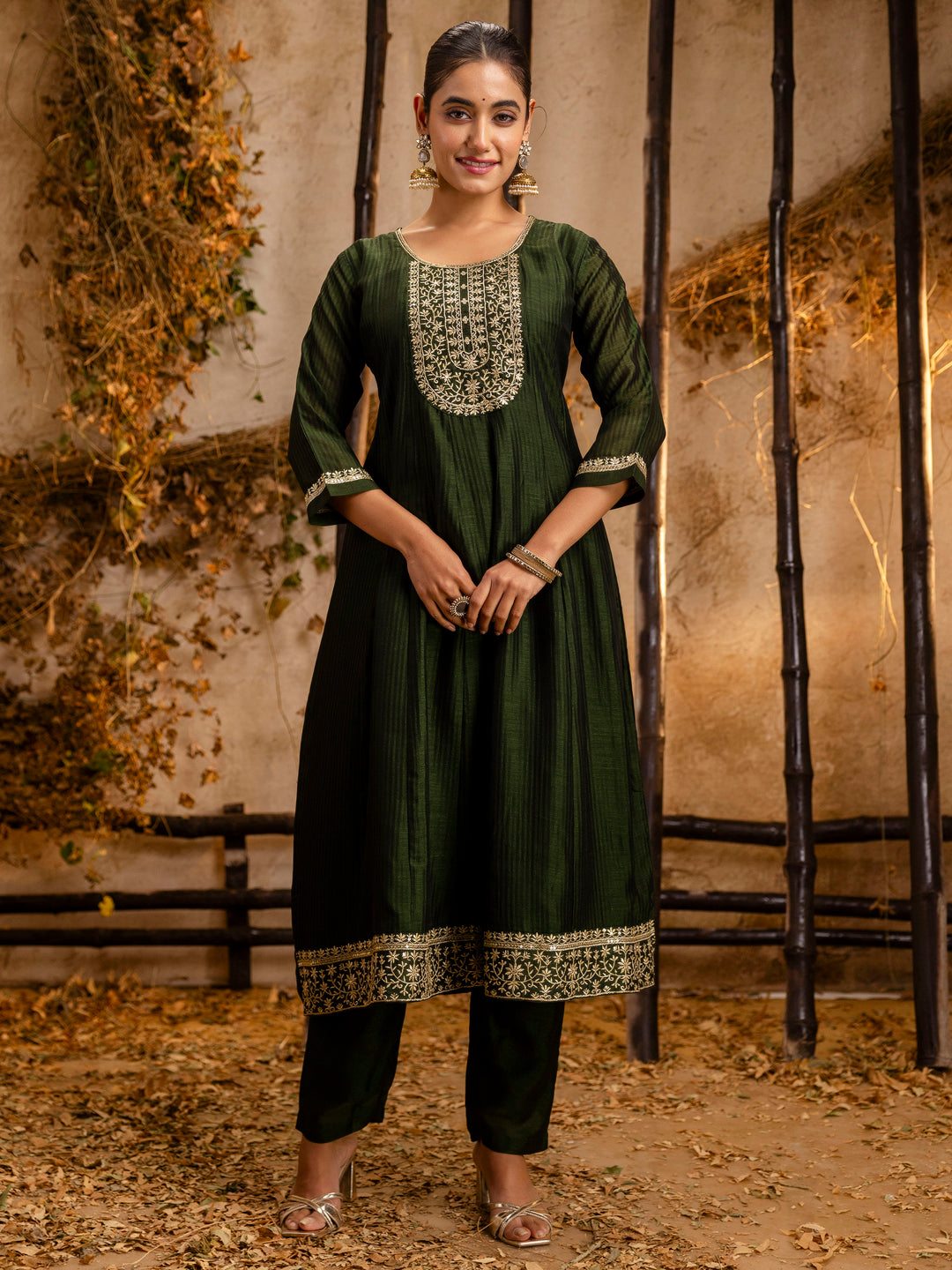 Dark Green Silk Embroidery Work Kurta Set