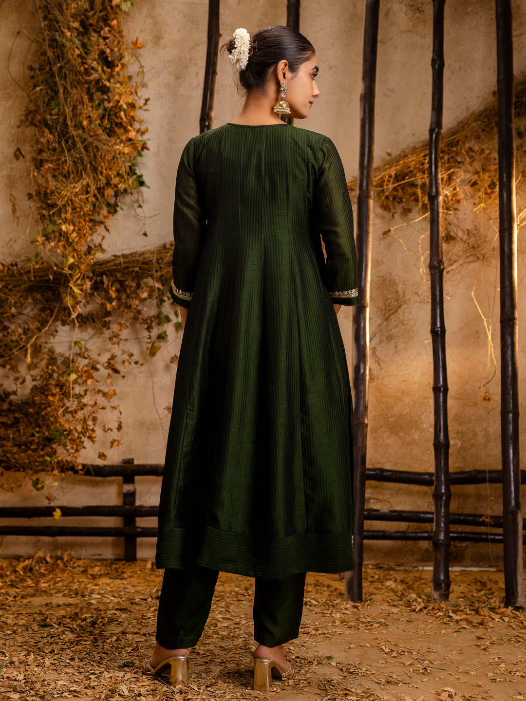 Dark Green Silk Embroidery Work Kurta Set
