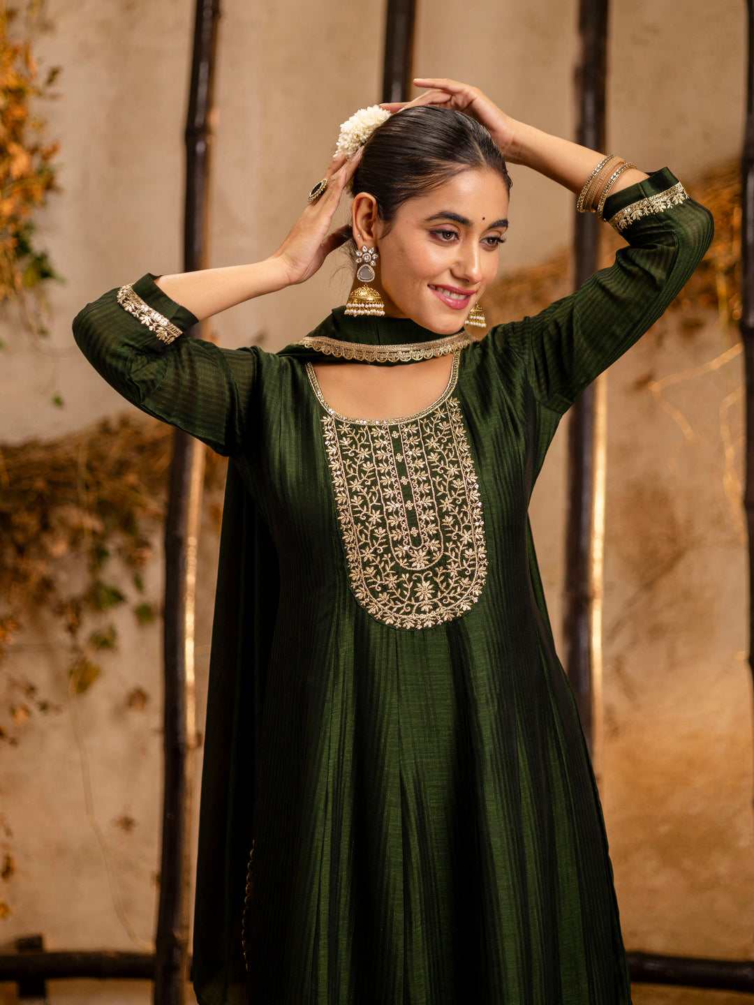 Dark Green Silk Embroidery Work Kurta Set