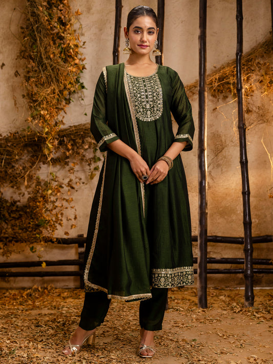 Dark Green Silk Embroidery Work Kurta Set