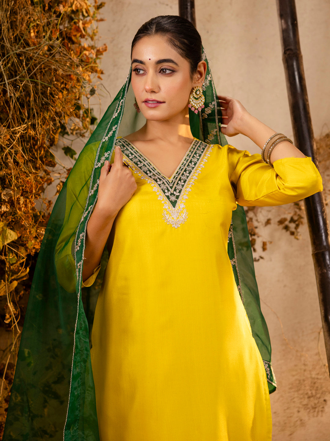 Yellow Silk Embroidery Work Kurta Set
