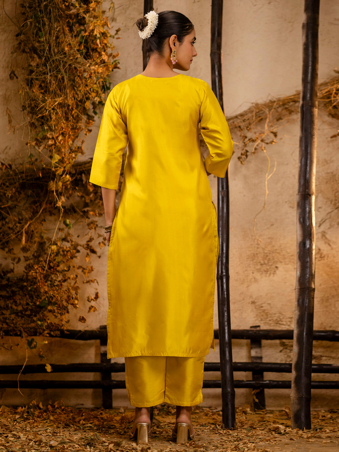 Yellow Silk Embroidery Work Kurta Set