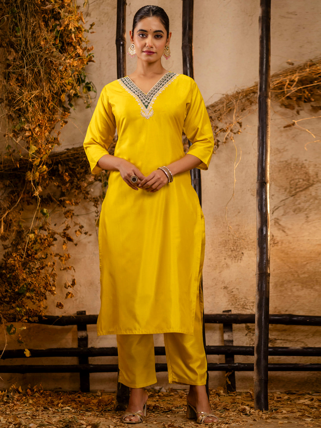 Yellow Silk Embroidery Work Kurta Set