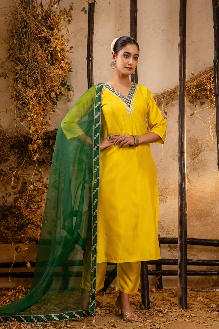 Yellow Silk Embroidery Work Kurta Set