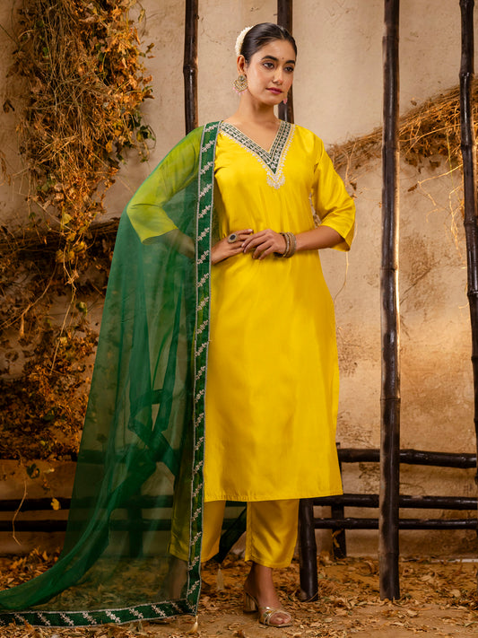 Yellow Silk Embroidery Work Kurta Set