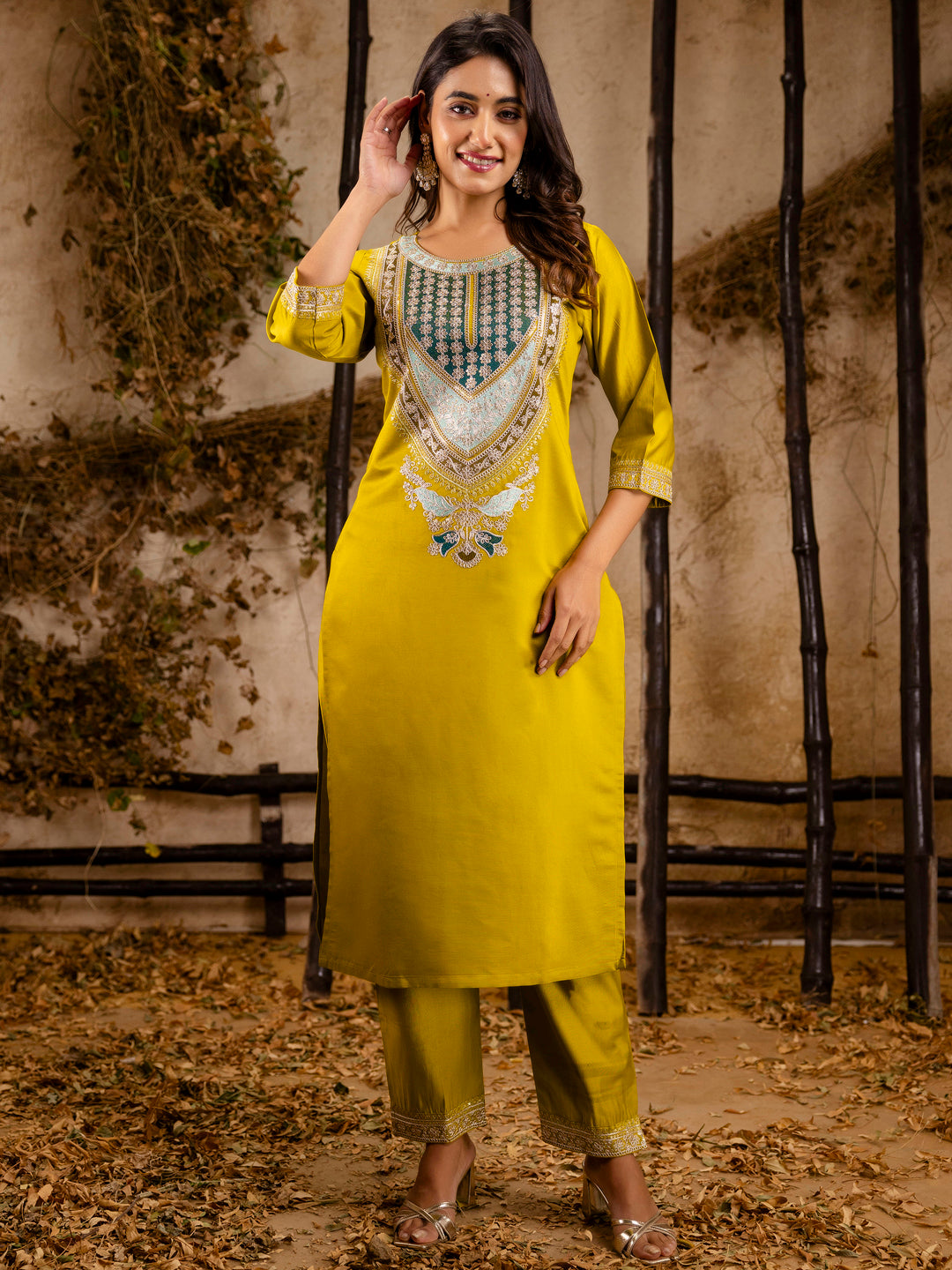 Lemon Rayon Embroidery Work Kurta Set