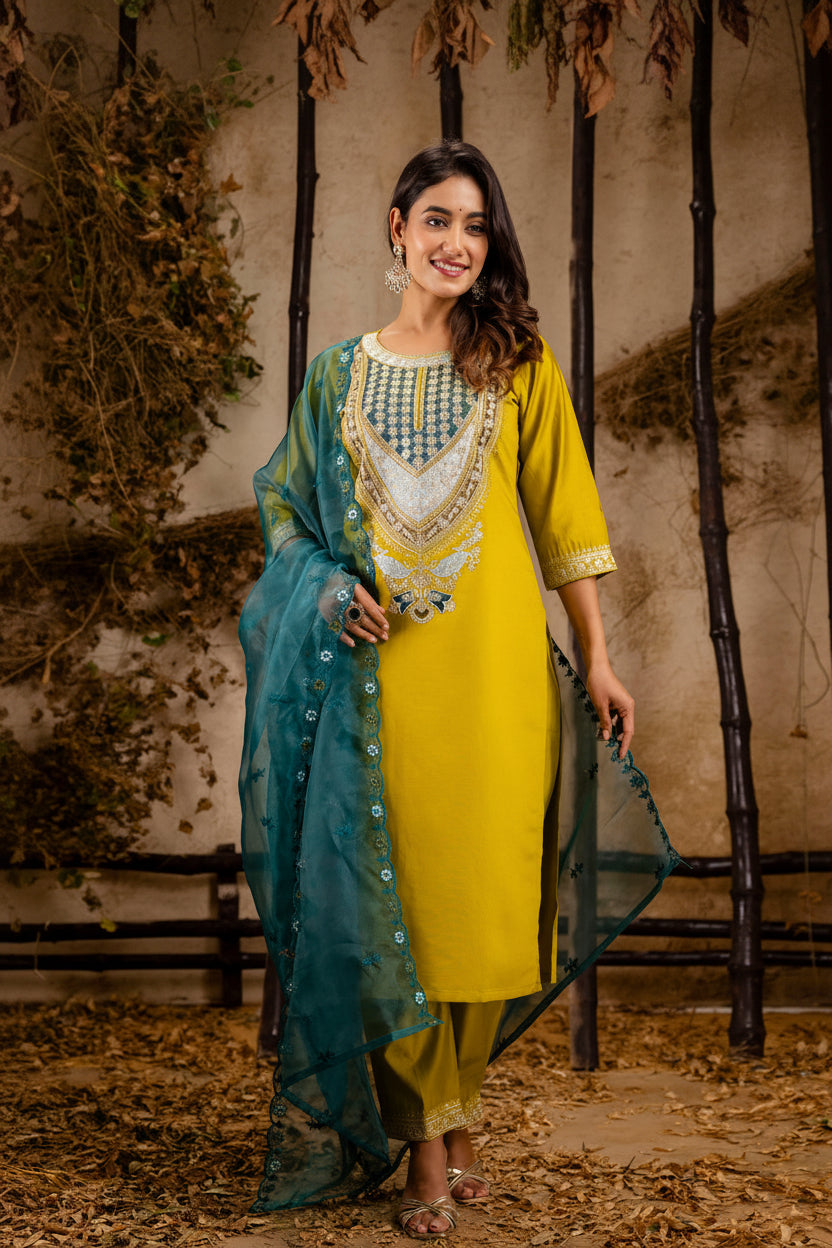 Lemon Rayon Embroidery Work Kurta Set