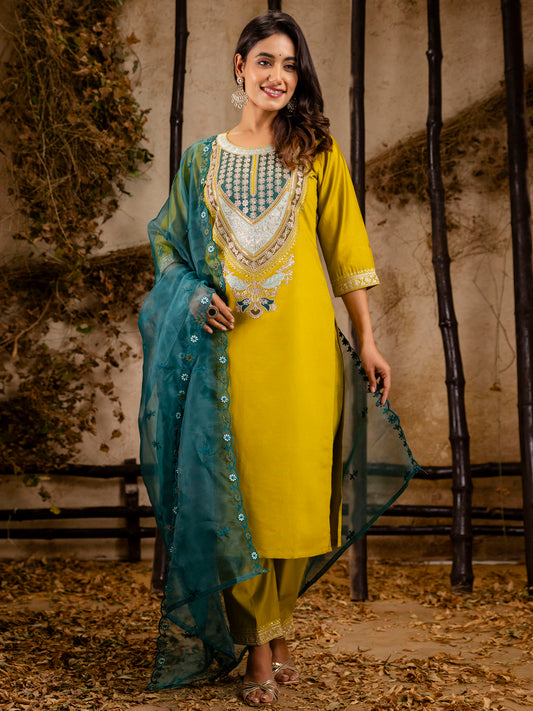 Lemon Rayon Embroidery Work Kurta Set