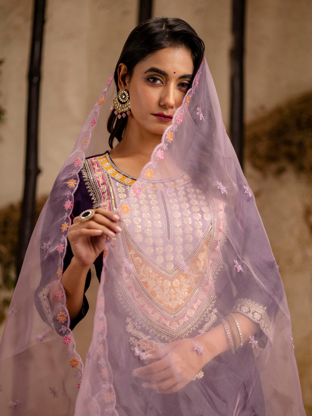 Purple Rayon Embroidery Work Kurta Set