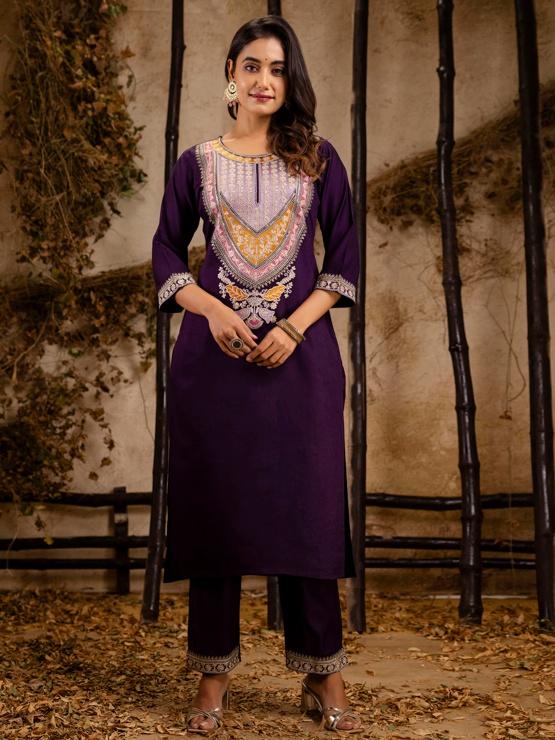 Purple Rayon Embroidery Work Kurta Set