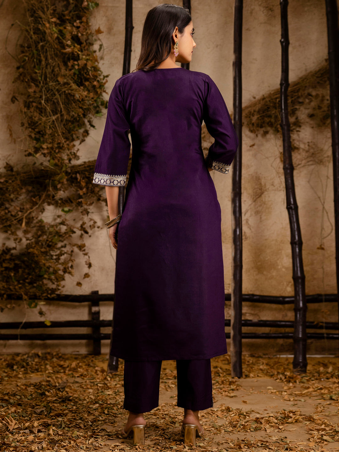 Purple Rayon Embroidery Work Kurta Set