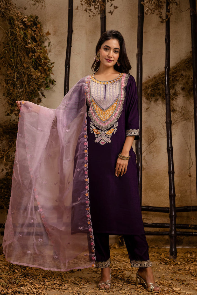 Purple Rayon Embroidery Work Kurta Set
