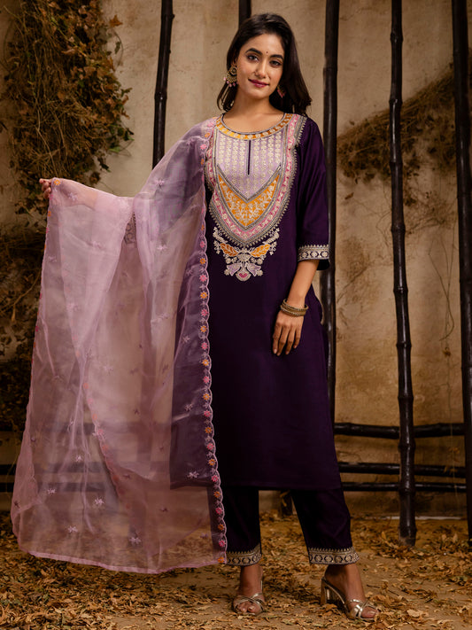 Purple Rayon Embroidery Work Kurta Set