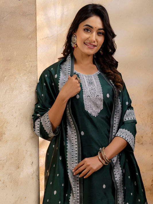 Green Cotton Blend Embroidery Kurta Set