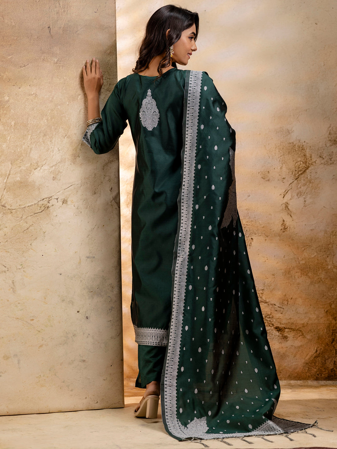 Green Cotton Blend Embroidery Kurta Set