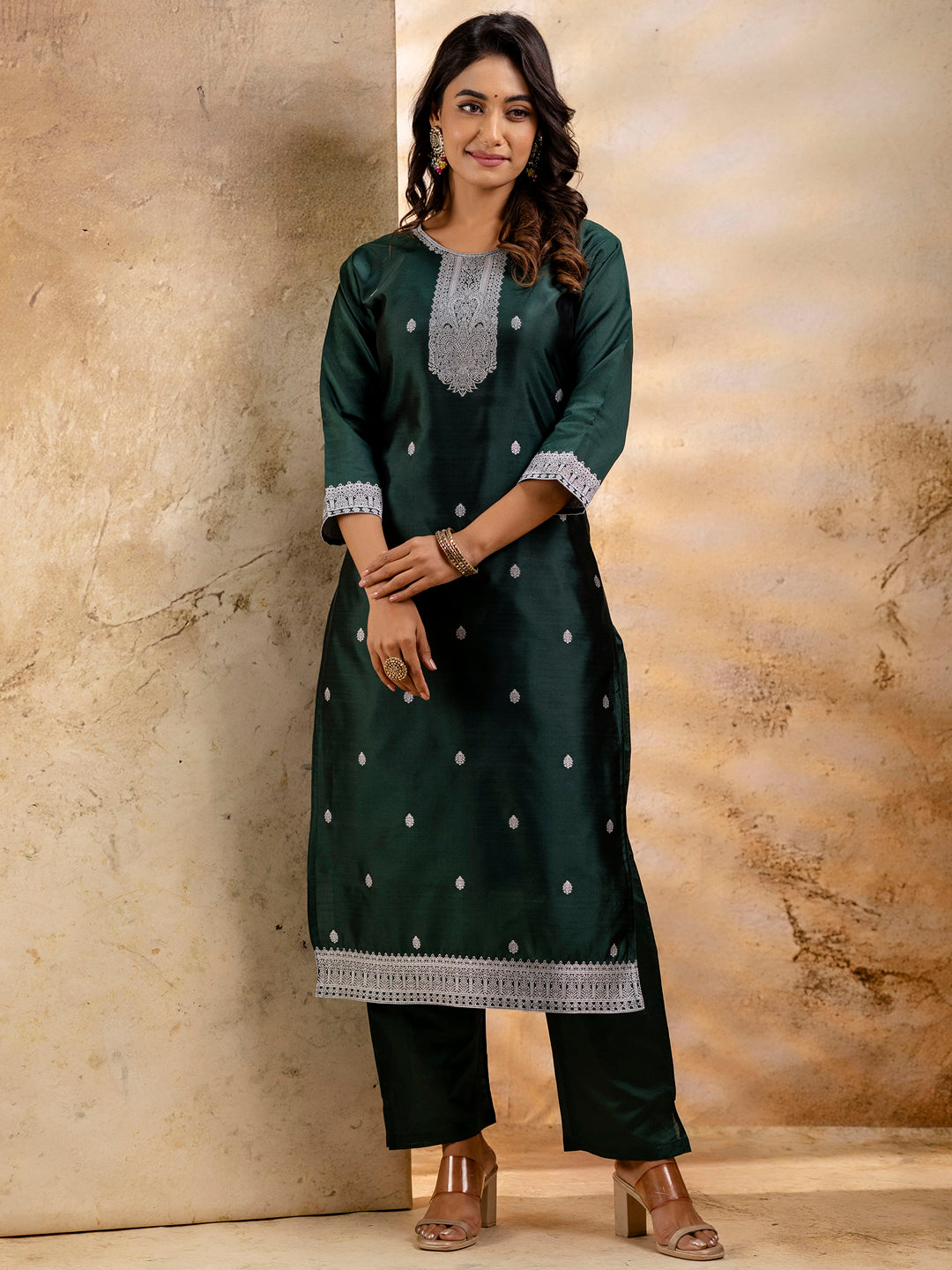 Green Cotton Blend Embroidery Kurta Set