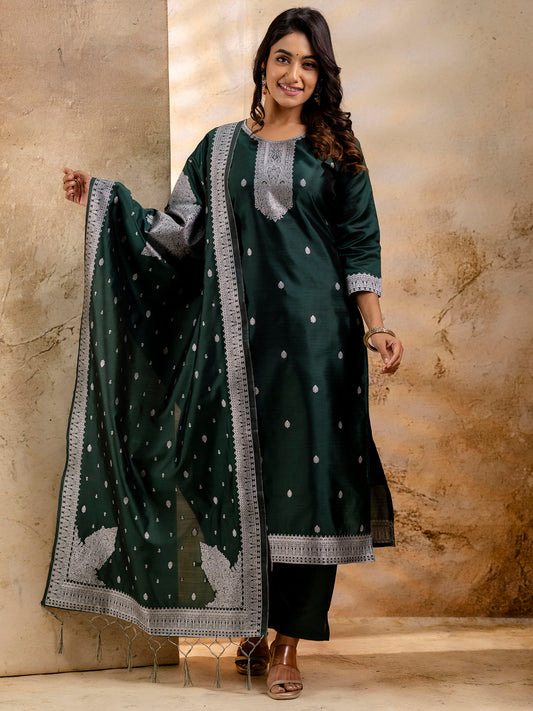 Green Cotton Blend Embroidery Kurta Set