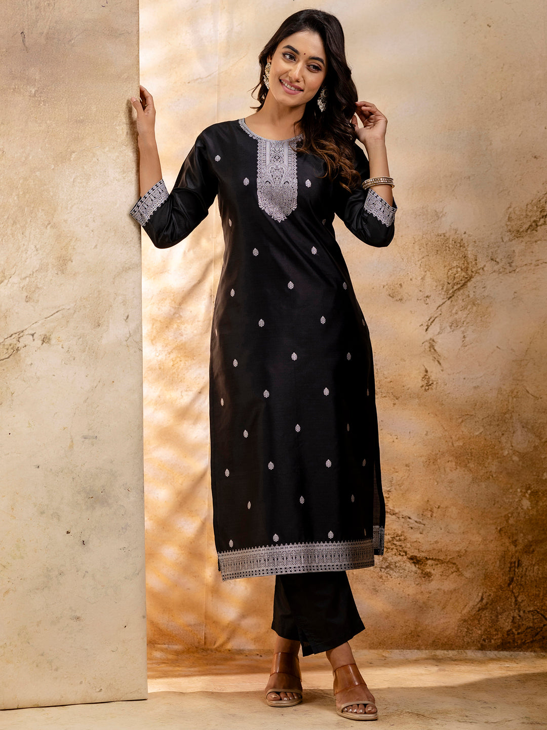 Black Cotton Blend Embroidery Kurta Set