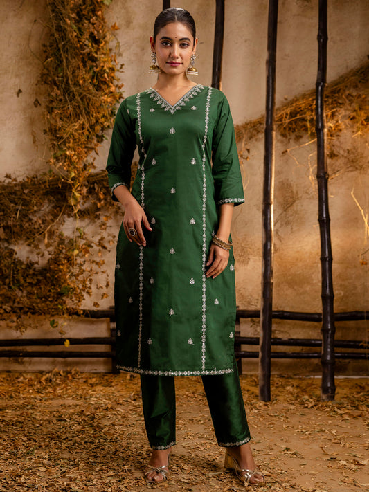 Green Silk Blend Embroidery Work Kurta Set