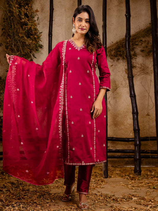 Maroon Silk Blend Embroidery Work Kurta Set