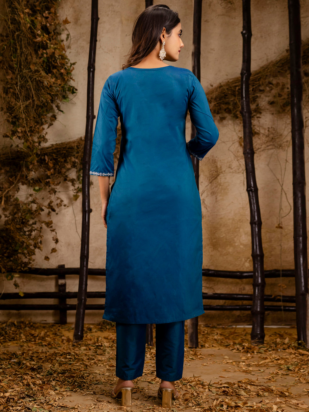 Teal Silk Blend Embroidery Work Kurta Set