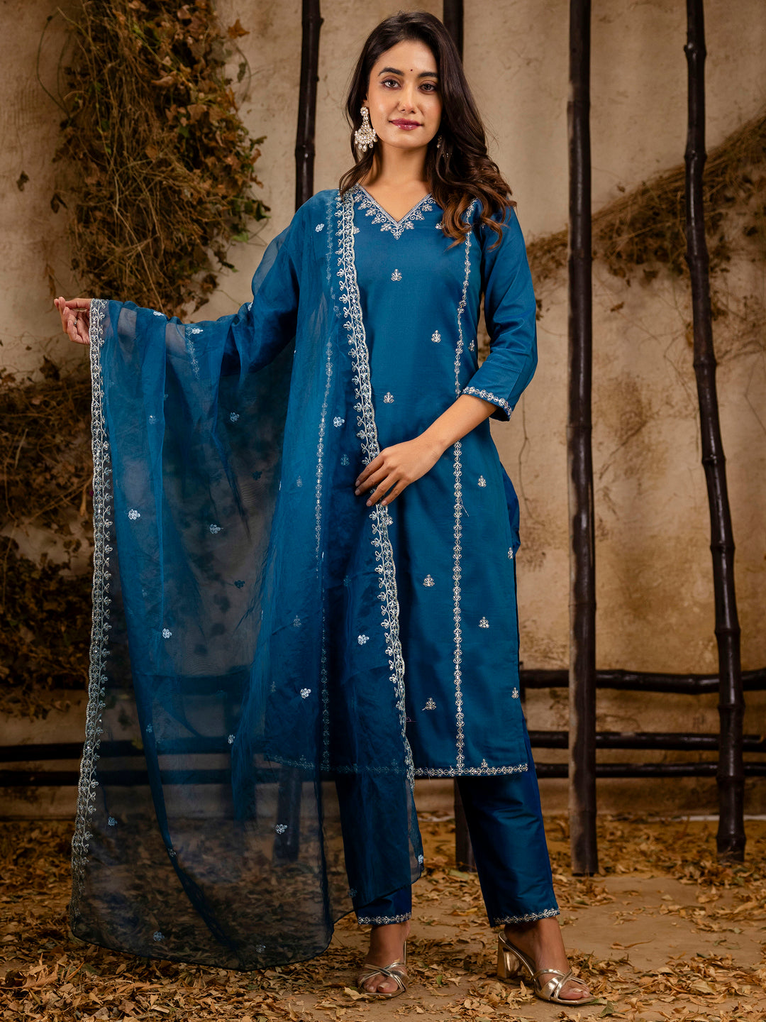 Teal Silk Blend Embroidery Work Kurta Set